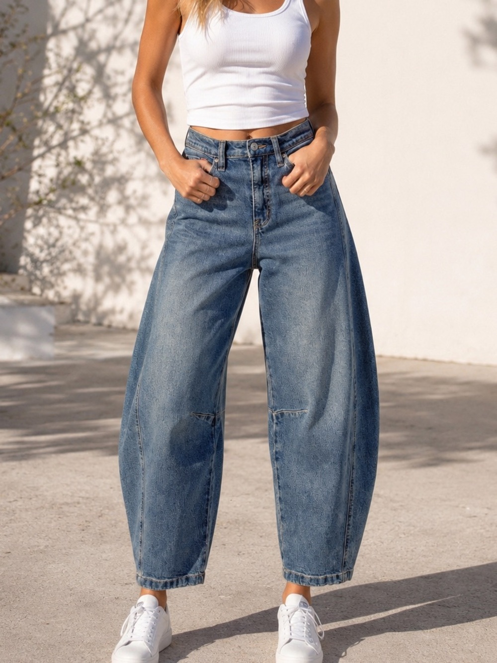FRAYED Barrel Ankle Jeans 24 Horseshoe Balloon Leg NWT Viral Denim